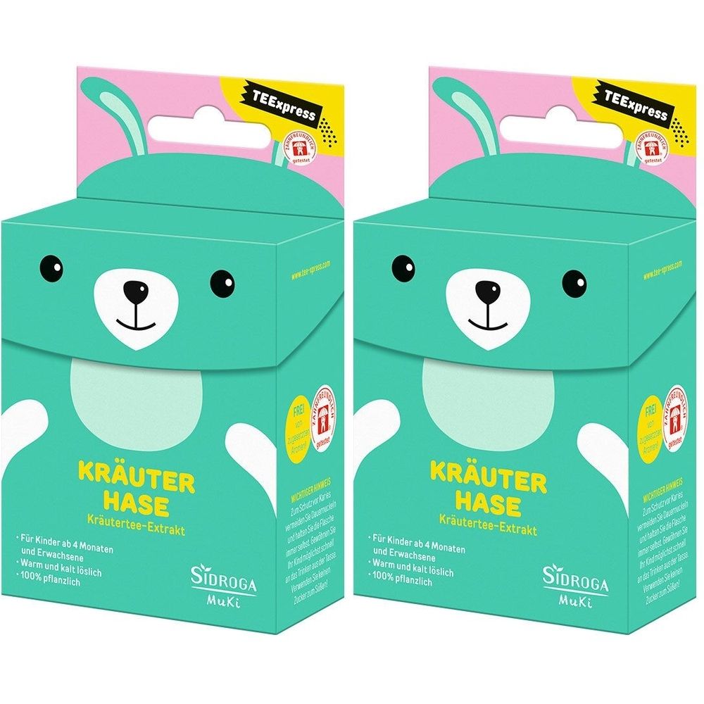 Deux boîtes vertes avec un design de lapin. Inscription: Kräuter Hase, Sidroga. Avec suspension jaune et logo TEExpress.