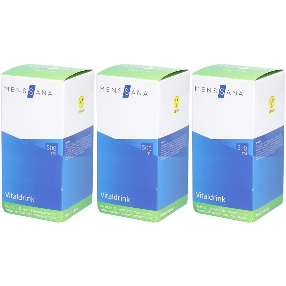 Trois boîtes en carton. Blanc, bleu et vert. Inscription : Mens Sana, Vitaldrink, 500 ml.