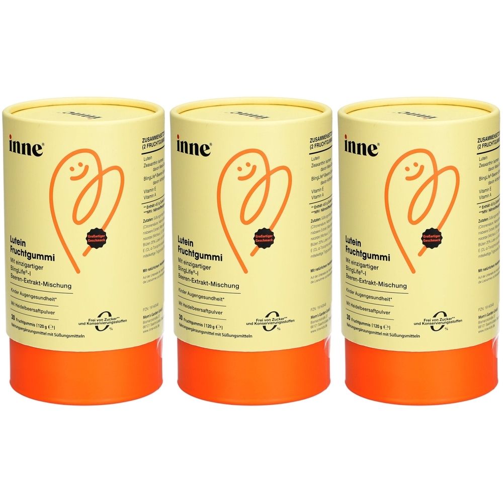 Trois boîtes cylindriques avec couvercle jaune et base orange. Inscription : inne Lutein Fruchtgummi. Logo : cœur orange.