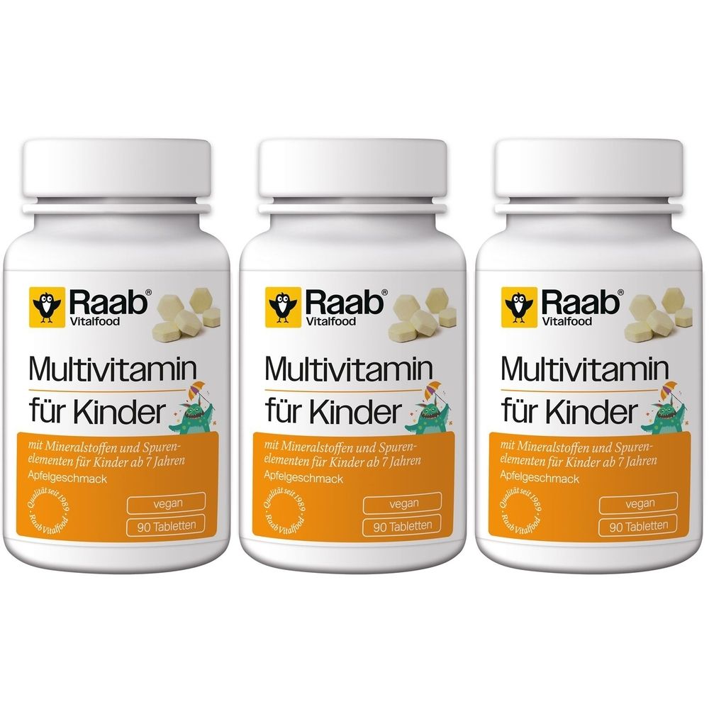 Drei weiße Flaschen mit Raab Vitalfood Multivitamin für Kinder. Aufschrift: Multivitamin für Kinder, vegan, 90 Tabletten. Mit Mineralstoffen und Spurenelementen.