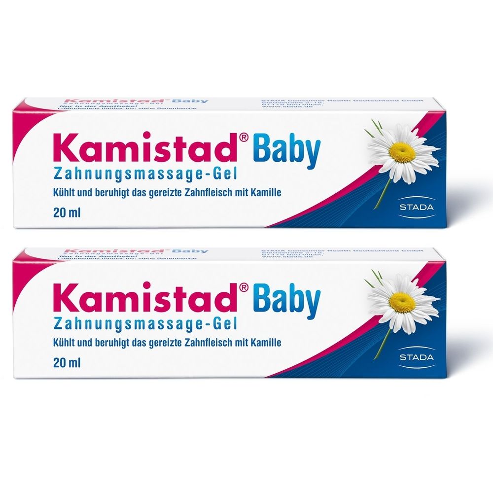 Zwei Packungen Kamistad® Baby Zahnungsmassage-Gel. Weiße Schachteln mit roter und blauer Schrift, Kamillenblüte.