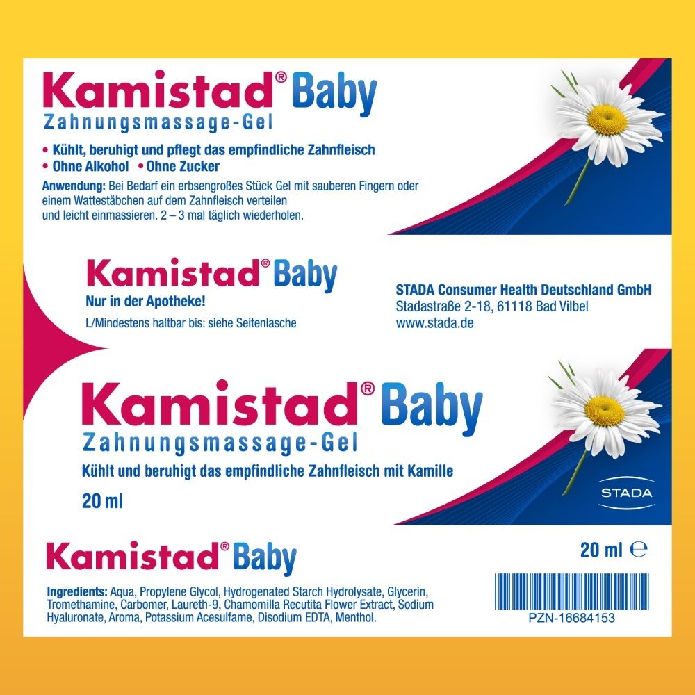 Étiquette Kamistad Baby gel de massage pour gencives avec instructions et ingrédients.