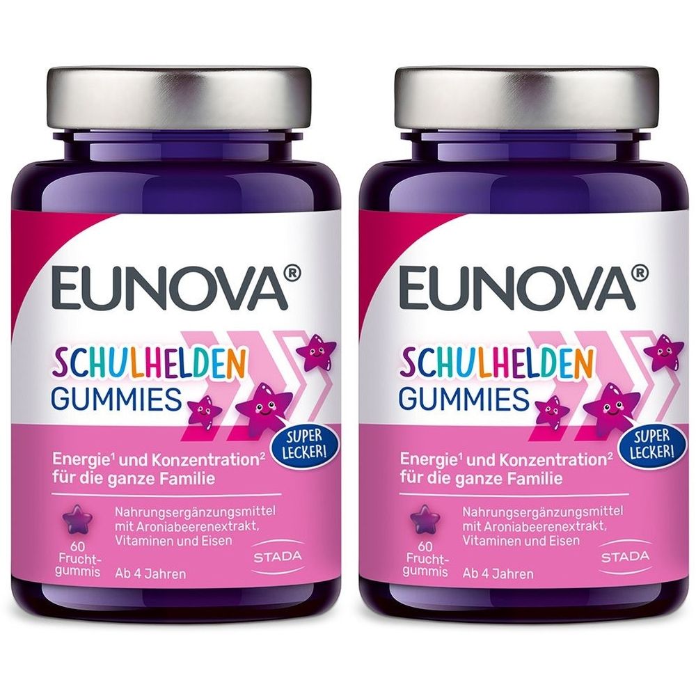 Zwei Flaschen EUNOVA® Schulhelden Gummies. Lila Deckel, rosa Etikett mit Produktnamen und Sternen. Enthält 60 Fruchtgummis.