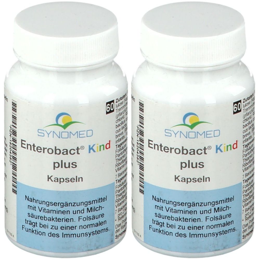 Zwei weiße Flaschen mit Schraubverschluss. Aufschrift: SYNOMED Enterobact Kind plus Kapseln. Enthält 60 Kapseln.