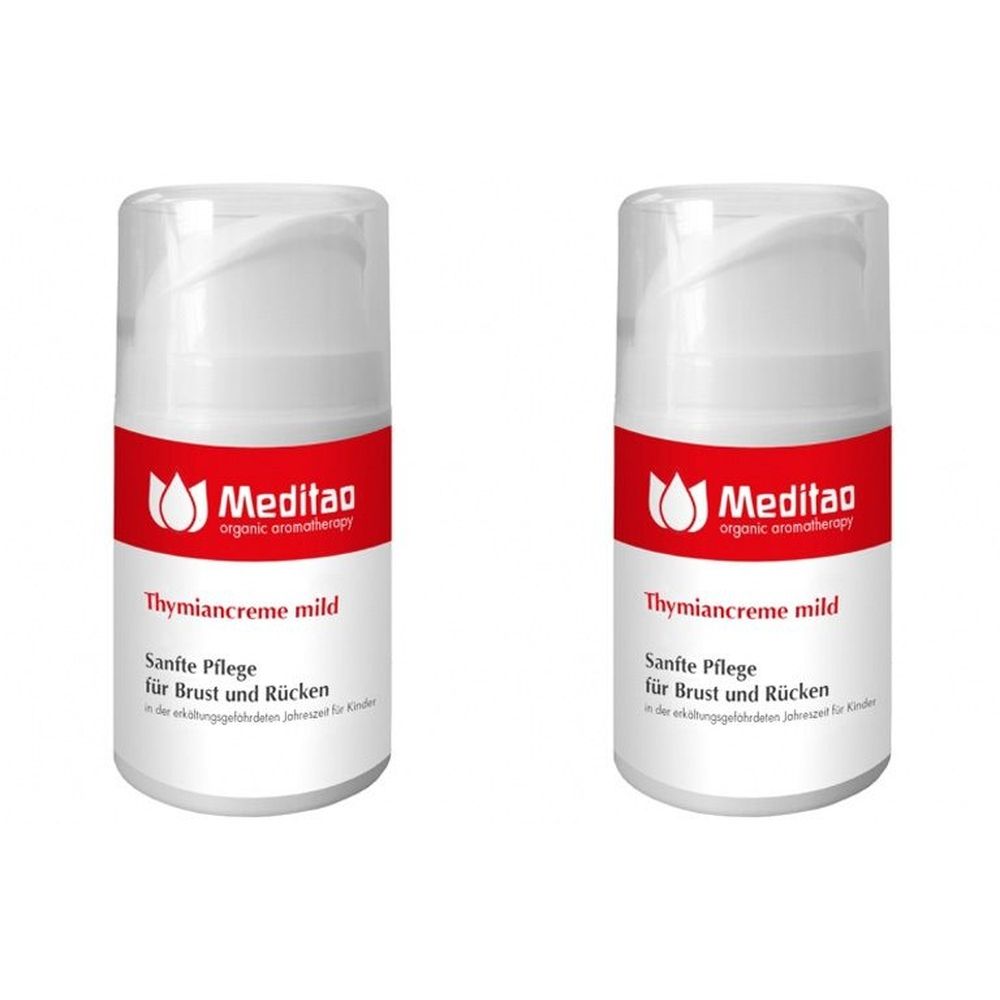 Deux tubes de crème blancs avec une bande rouge. Inscription : Meditao, Thymiancreme mild, Sanfte Pflege für Brust und Rücken.
