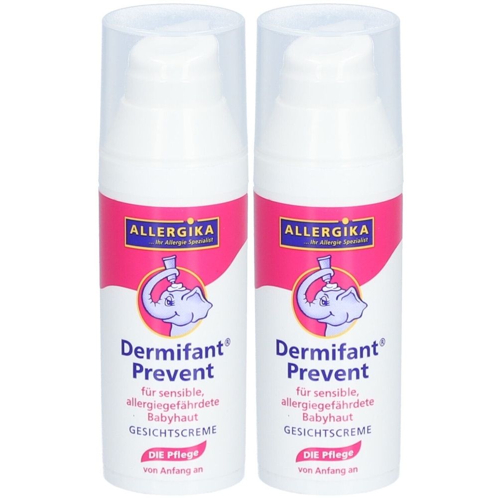 Zwei weiße Cremes mit rosa Etiketten. Aufschrift: Dermifant Prevent, für sensible Babyhaut. Mit Pumpverschluss.