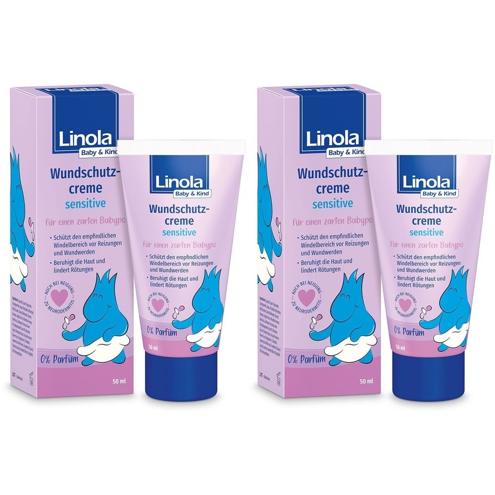 Zwei Tuben und zwei Schachteln. Aufschrift: Linola Baby & Kind Wundschutzcreme sensitive. Verpackung in Rosa und Blau.
