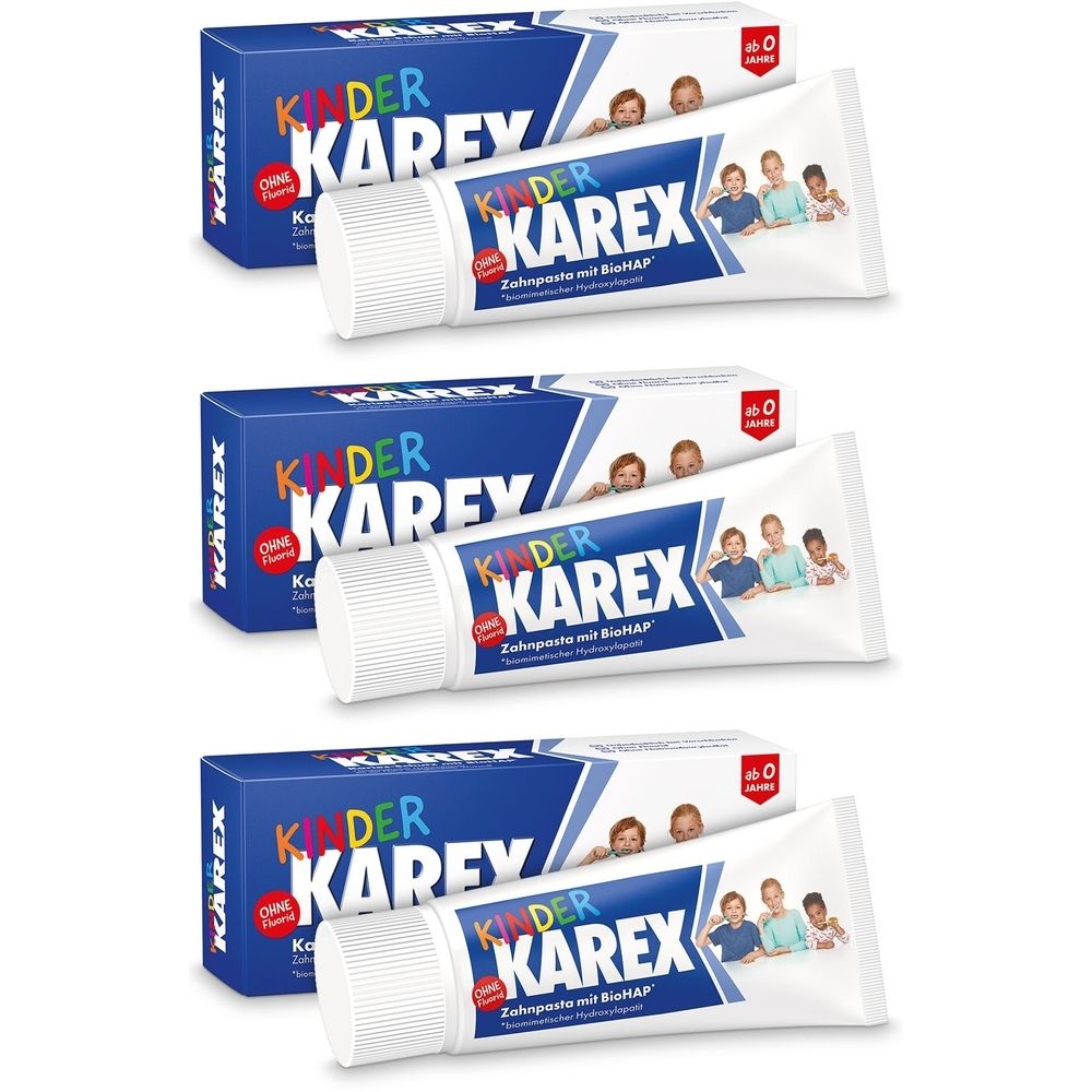Drei Tuben und Schachteln Karex Kinder Zahnpasta. Blaue Schachteln und Tuben mit farbigem Logo und Kinderabbildungen.