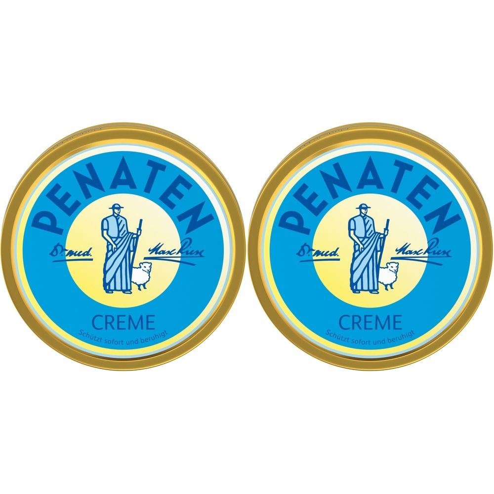 Zwei runde Dosen PENATEN® Creme. Blaues Zentrum mit Logo: Mann mit Schaf. Goldfarbener Rand. Schriftzug: PENATEN, Creme.