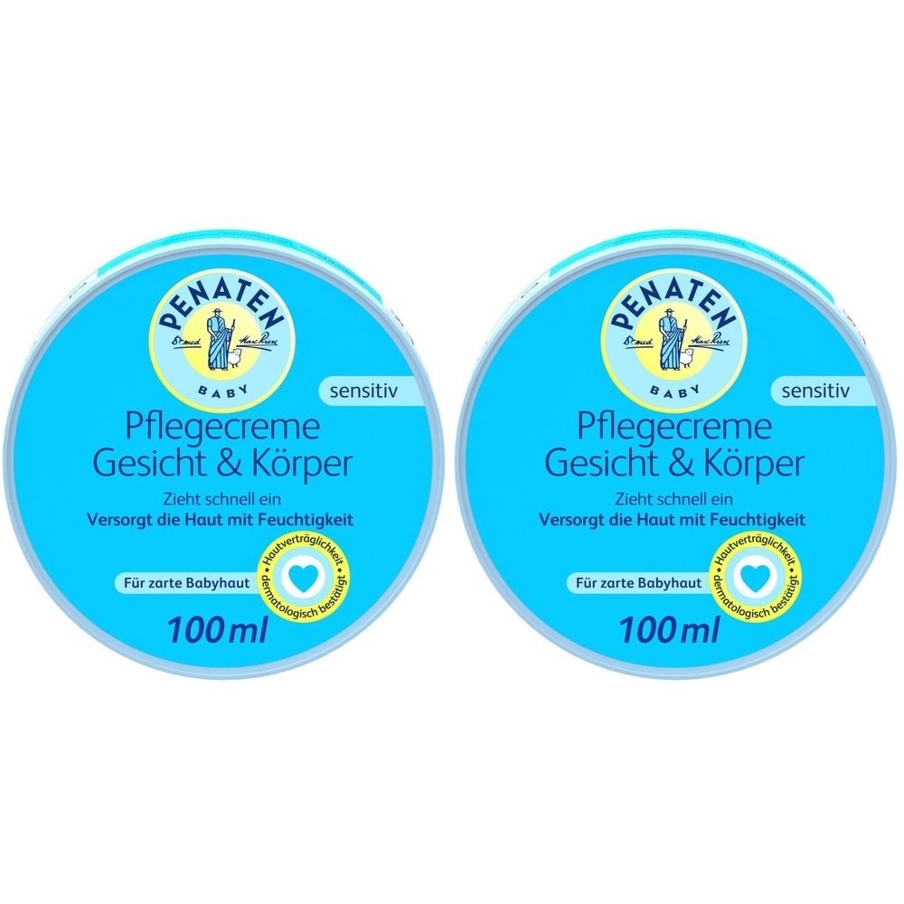 Deux pots bleus avec couvercles. Inscription : PENATEN BABY PFLEGECREME Gesicht & Körper. Avec logo de recyclage.