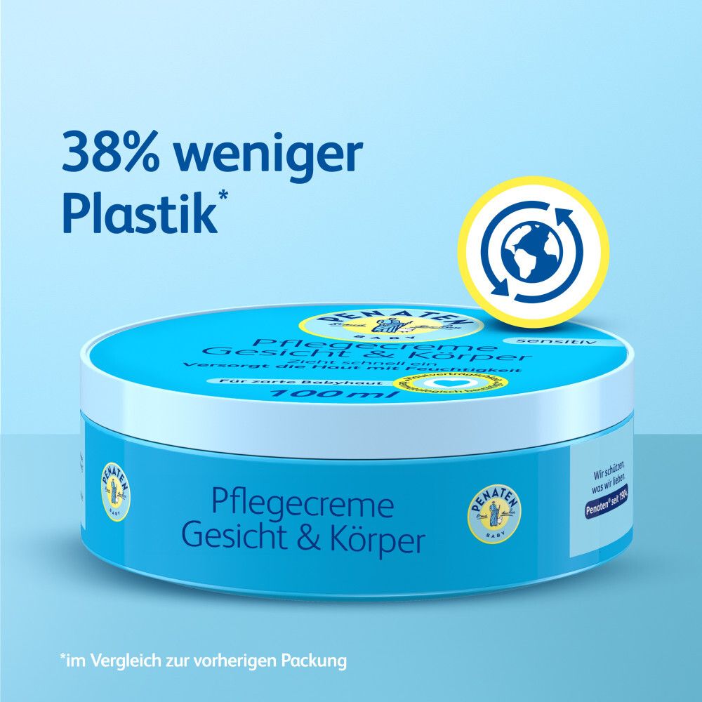 Pot bleu avec texte : PFLEGECREME Gesicht & Körper. 38% moins de plastique. Symbole de recyclage.