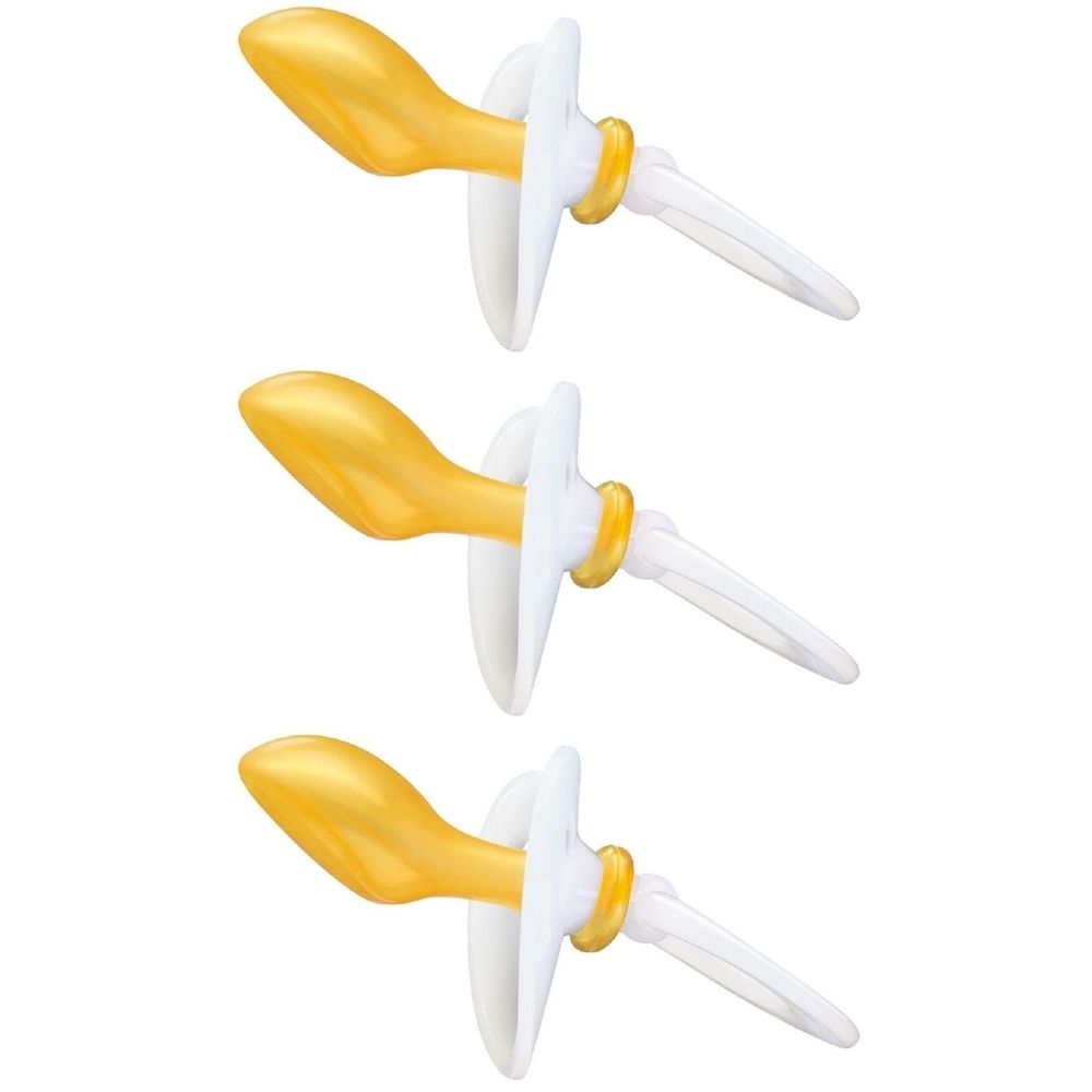 Drei Schnuller mit gelbem Sauger, weißem Schild und Griff. Gelbe und weiße Elemente.