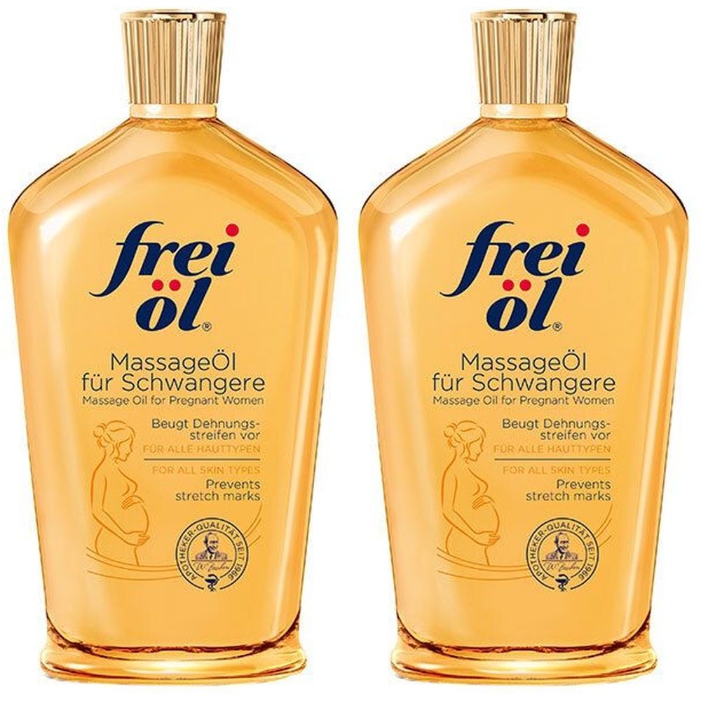 Deux flacons d'huile de massage pour femmes enceintes. Inscription : frei öl. Avec bouchon doré et étiquette avec informations et logo.
