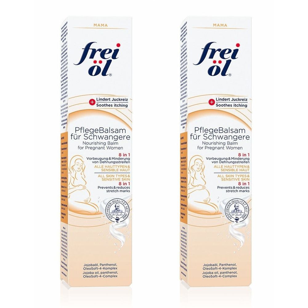 Deux emballages de baume de soin pour femmes enceintes. Emballage blanc et marron avec nom et logo du produit. Contient une illustration d'une femme enceinte.