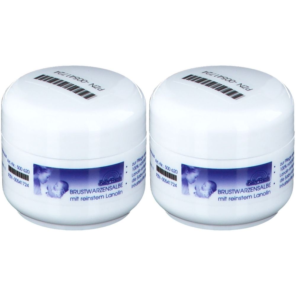 Zwei weiße Tiegel mit Deckel. Auf den Etiketten steht "Brustwarzensalbe mit reinstem Lanolin".
