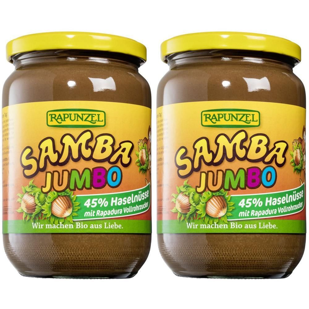 Deux pots de Samba Jumbo. Étiquette avec noisettes et texte. Couvercle jaune.