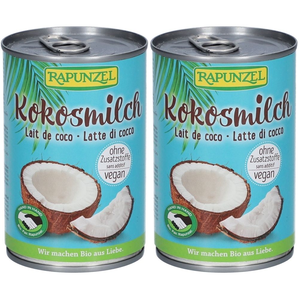 Deux boîtes de lait de coco. Inscription : RAPUNZEL, Kokosmilch, Lait de coco, Latte di cocco, sans additifs, vegan. Image d'une noix de coco.