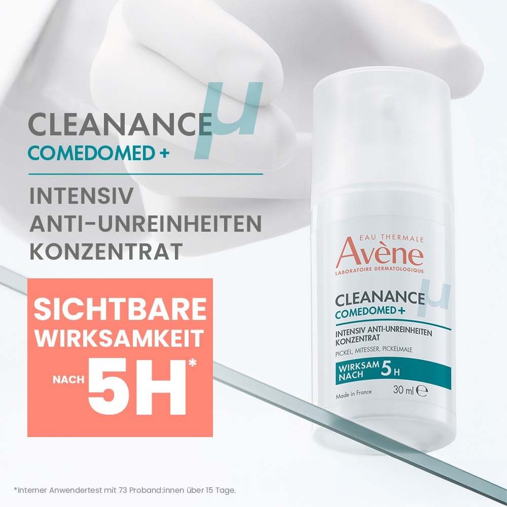 Avène Cleanance Comedomed Concentré, flacon blanc avec pompe. Texte : Anti-imperfections, 30 ml.