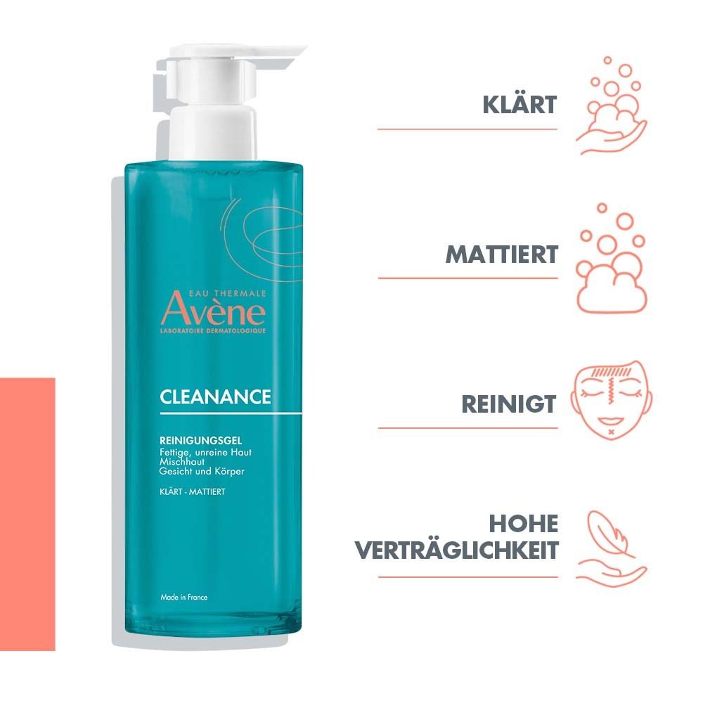 Dos du gel nettoyant Avène Cleanance. Texte : Pour peaux grasses, impures. Biodégradable.