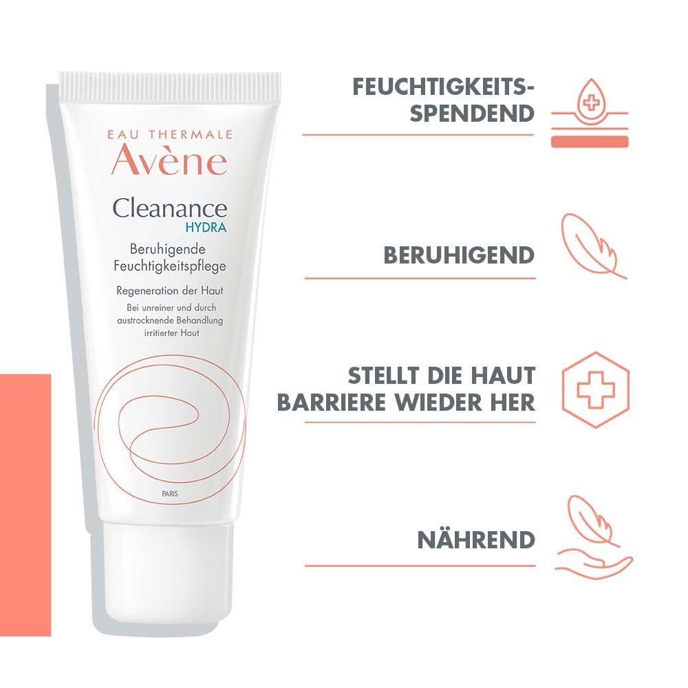 Dos du soin hydratant Avène Cleanance Hydra. Texte : Pour peaux irritées. Texture agréable.