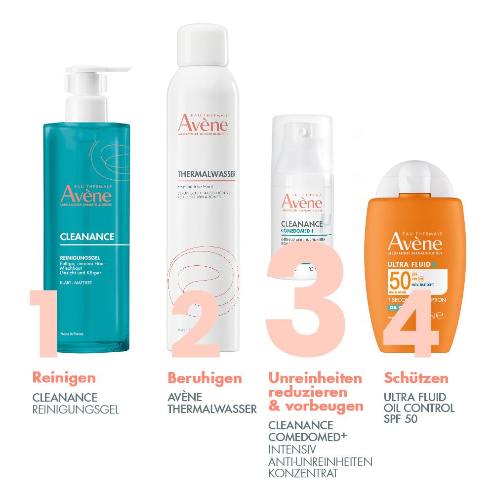 Quatre produits Avène. 1: Gel nettoyant. 2: Eau thermale. 3: Cleanance Comedomed. 4: Ultra Fluid SPF 50.