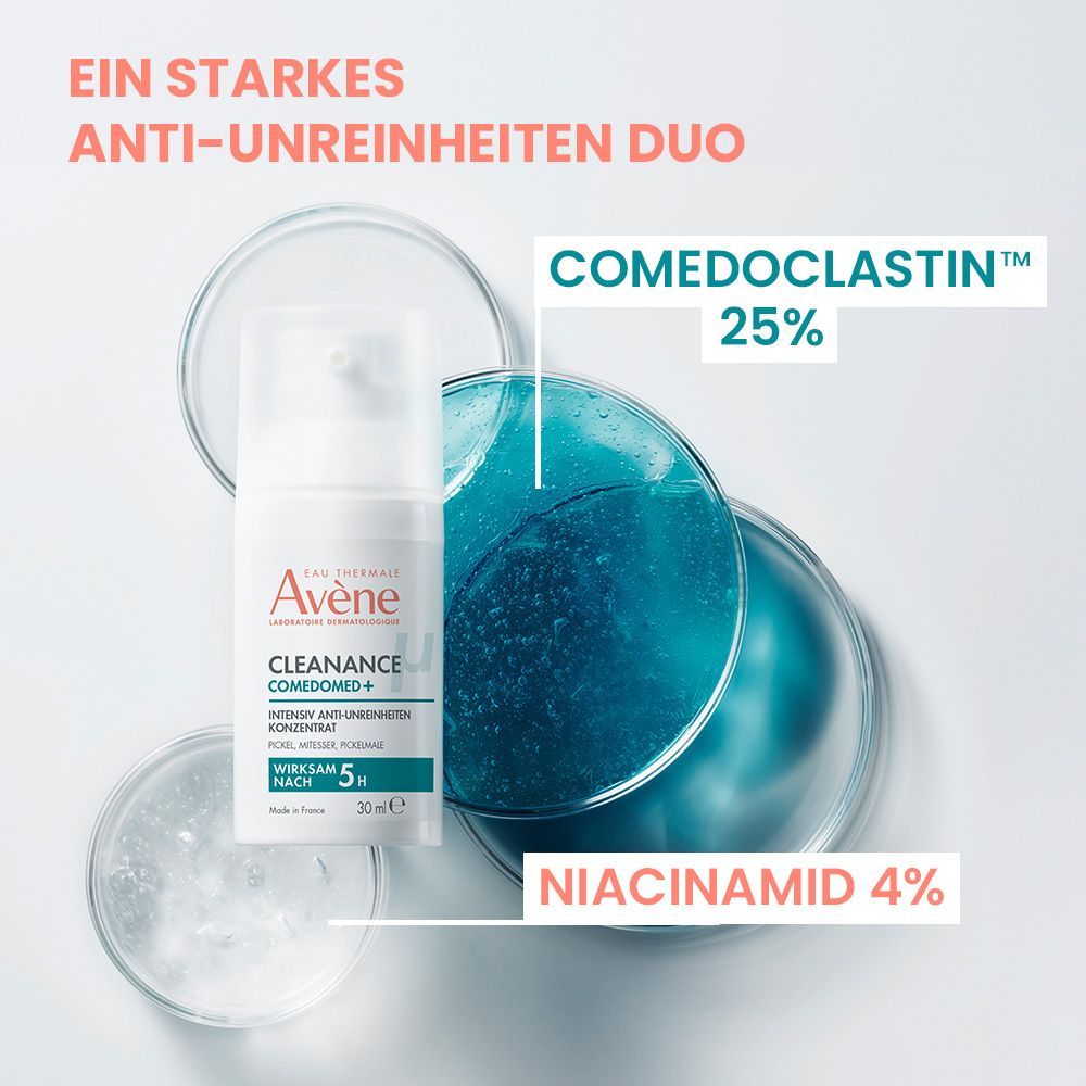 Avène Cleanance Comedomed. Flacon blanc. Ingrédients: Comedoclastin 25%, Niacinamide 4%.