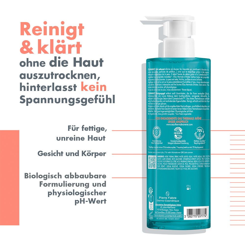 Rückseite der Avène Cleanance Reinigungsgel-Flasche. Text: Reinigt & klärt, ohne auszutrocknen. Für fettige, unreine Haut. Biologisch abbaubar.