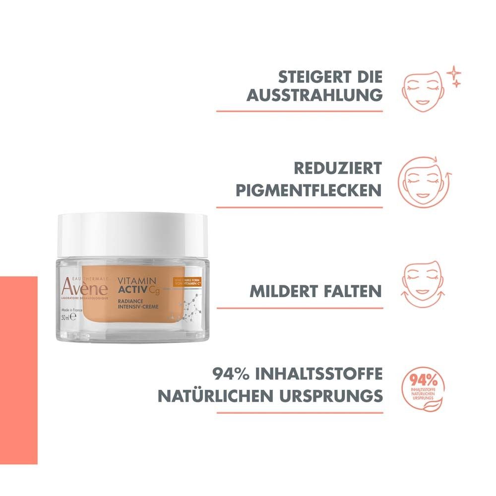 Crème en verre. Inscription: Vitamin Activ Cg, Radiance Intensiv-Creme. Texte: Augmente l'éclat, réduit les taches pigmentaires, atténue les rides.