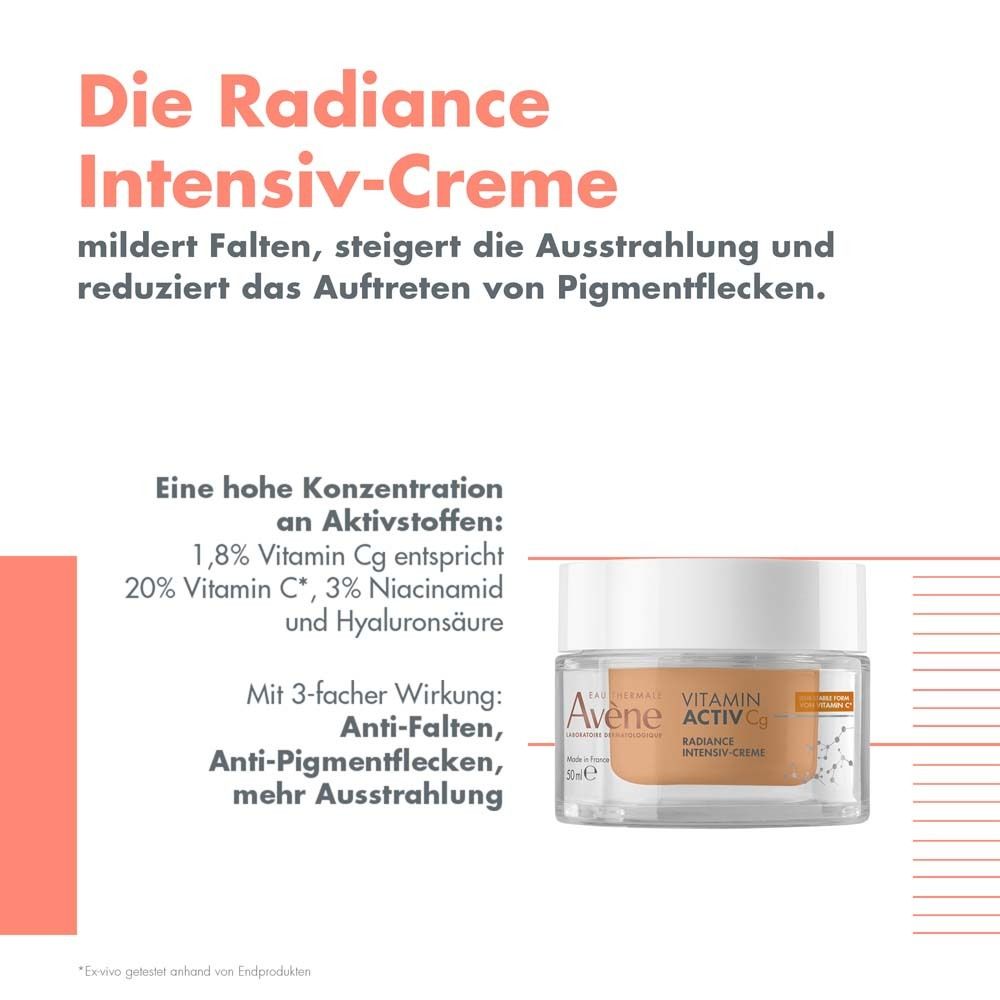 Crème en verre. Texte: La Radiance Intensiv-Creme atténue les rides, augmente l'éclat et réduit les taches pigmentaires. Avec logo.
