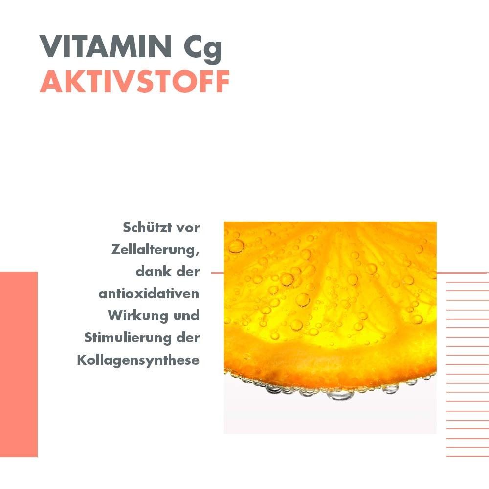 Ingrédient actif vitamine Cg. Tranche de citron orange. Texte: Protège du vieillissement cellulaire grâce à l'action antioxydante.