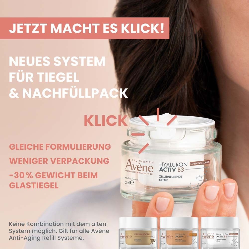 Frau hält Creme-Glas. Text: Neues System für Tiegel & Nachfüllpack. Gleiche Formulierung, weniger Verpackung. Avène Hyaluron Activ B3.