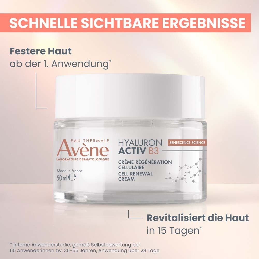 Creme-Glas. Text: Schnelle sichtbare Ergebnisse. Festere Haut ab der 1. Anwendung. Revitalisiert die Haut in 15 Tagen. Avène Hyaluron Activ B3.