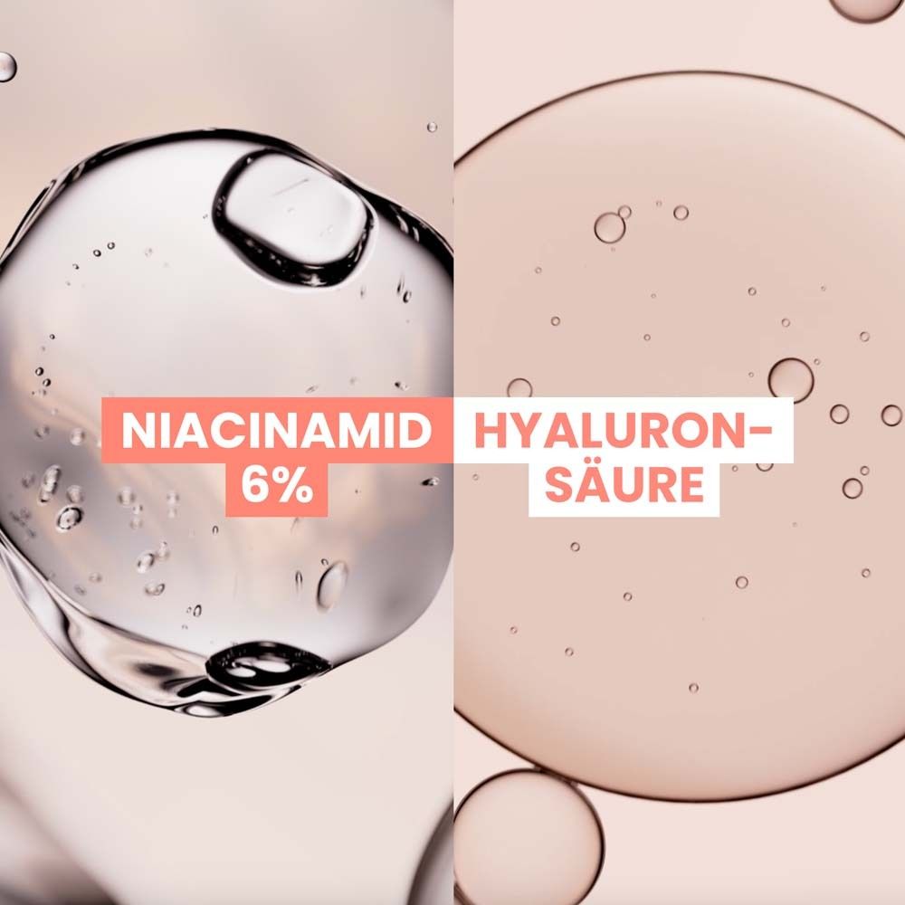 Nahaufnahme von Flüssigkeitstropfen. Text: Niacinamid 6%, Hyaluronsäure. Zwei Flüssigkeiten nebeneinander.