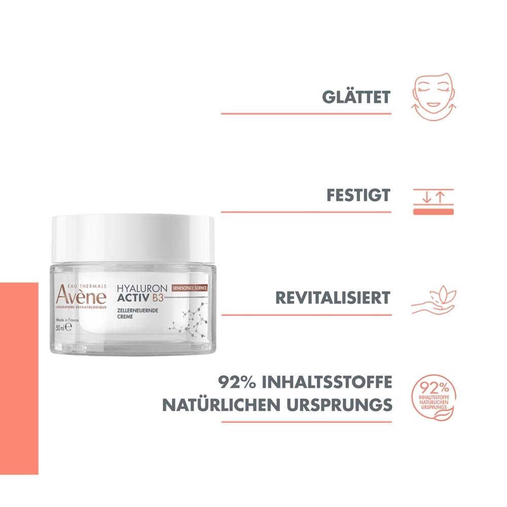 Creme-Glas. Text: Glättet, Festigt, Revitalisiert. 92% Inhaltsstoffe natürlichen Ursprungs. Avène Hyaluron Activ B3.