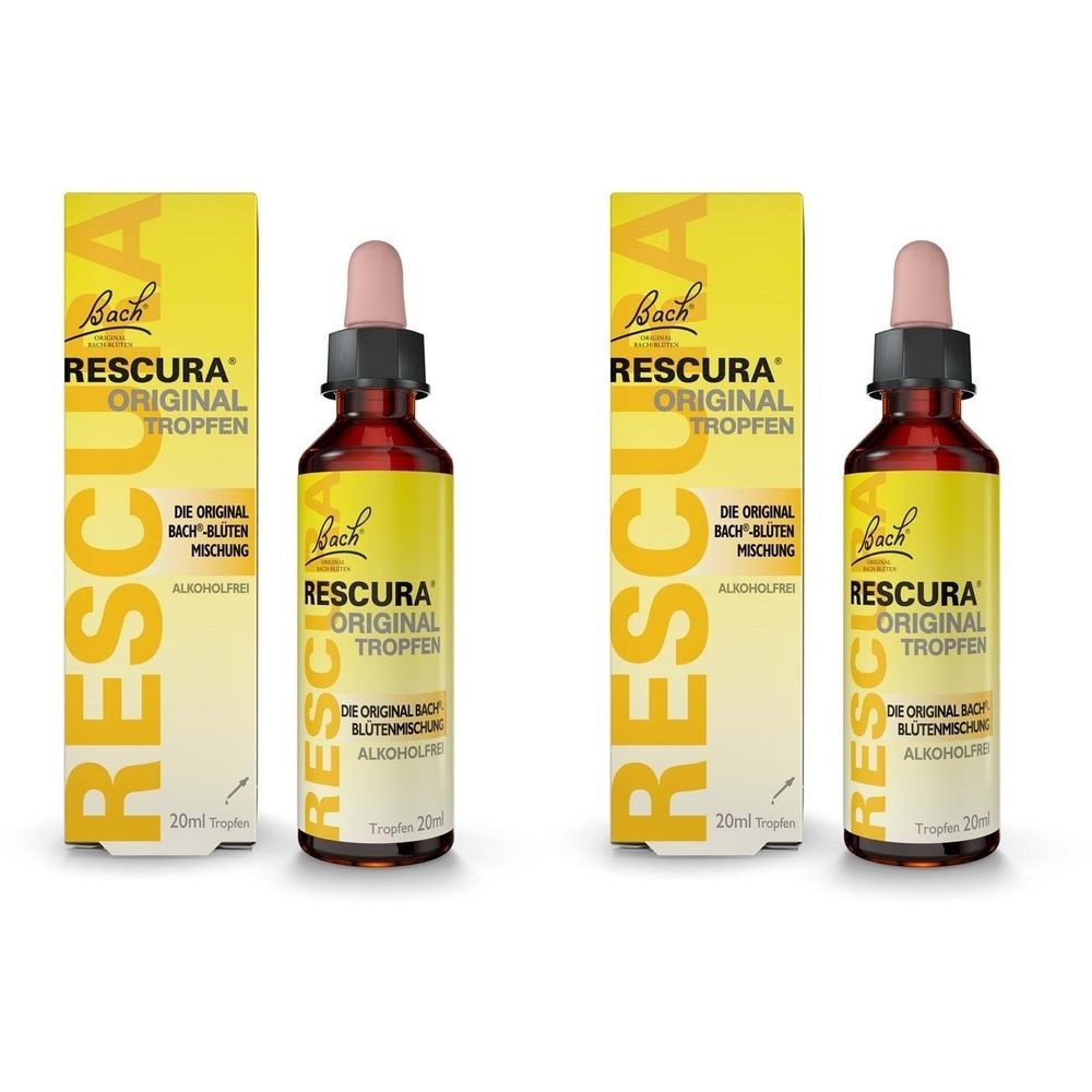 Zwei Flaschen und Schachteln von RESCURA Original Tropfen. Gelbe Schachteln mit Produktnamen und Logo. Braune Flaschen mit Pipette.