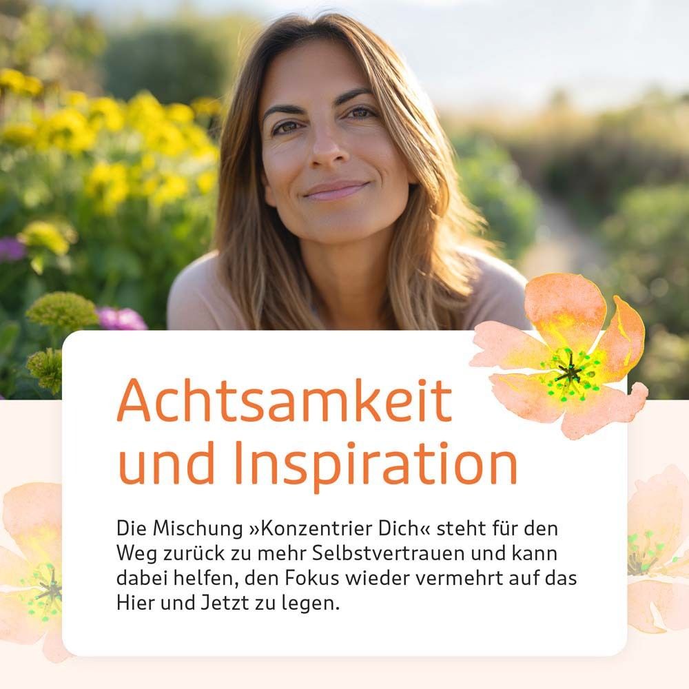 Femme souriante devant des fleurs. Texte : Pleine conscience et inspiration. Le mélange »Concentrez-vous« est synonyme de confiance en soi.