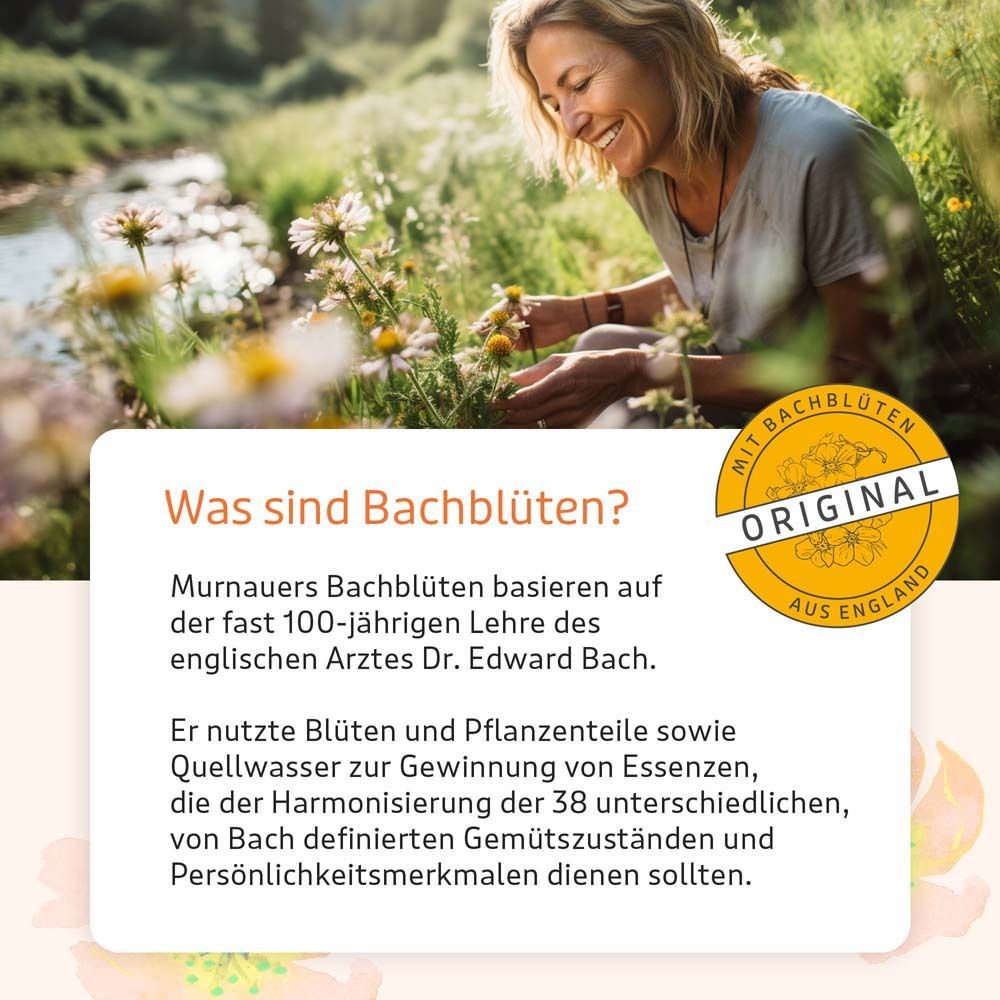 Femme à l'extérieur. Texte : Que sont les fleurs de Bach ? MURNAUERS Bachblüten est basé sur l'enseignement du Dr. Edward Bach.
