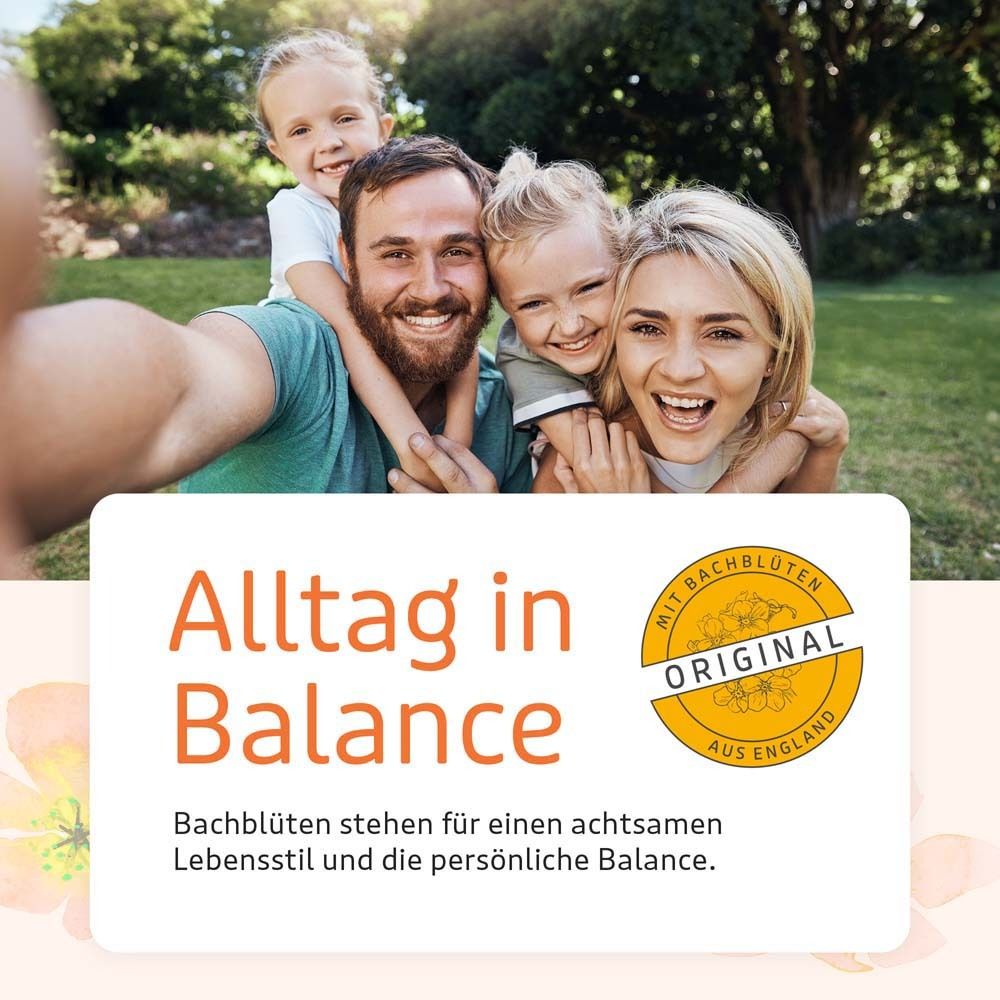 Famille prenant un selfie. Texte : Le quotidien en équilibre. Les fleurs de Bach sont synonymes de style de vie attentif et d'équilibre personnel.