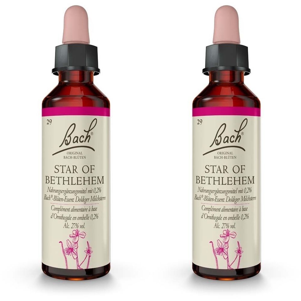 Zwei Flaschen mit rosa Flüssigkeit und Tropfer. Aufschrift: Bach Original, Star of Bethlehem. Mit floralem Design.