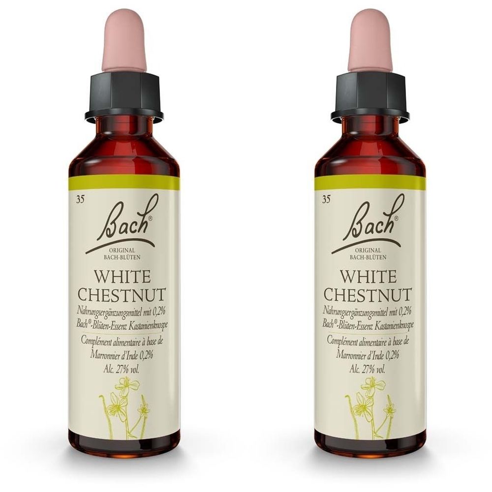 Deux flacons en verre brun avec étiquette. L'étiquette indique "Bach" et "White Chestnut". Les flacons ont une pipette.