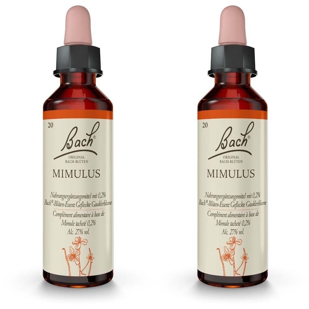 Zwei Flaschen mit brauner Flüssigkeit, Tropfer und Etikett. Aufschrift: Bach, Mimulus. Mit floralem Design.