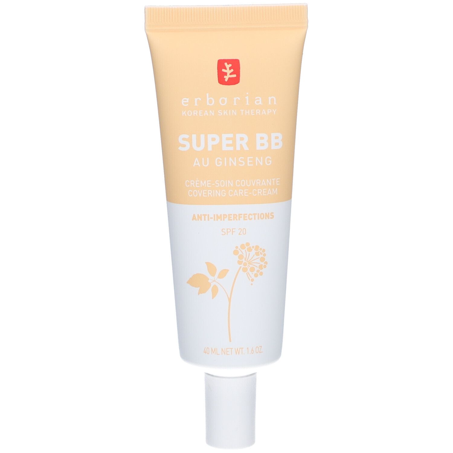 Creme-Tube mit Aufschrift SUPER BB au Ginseng. Enthält 40 ml. Mit SPF 25. Marke: Erborian.