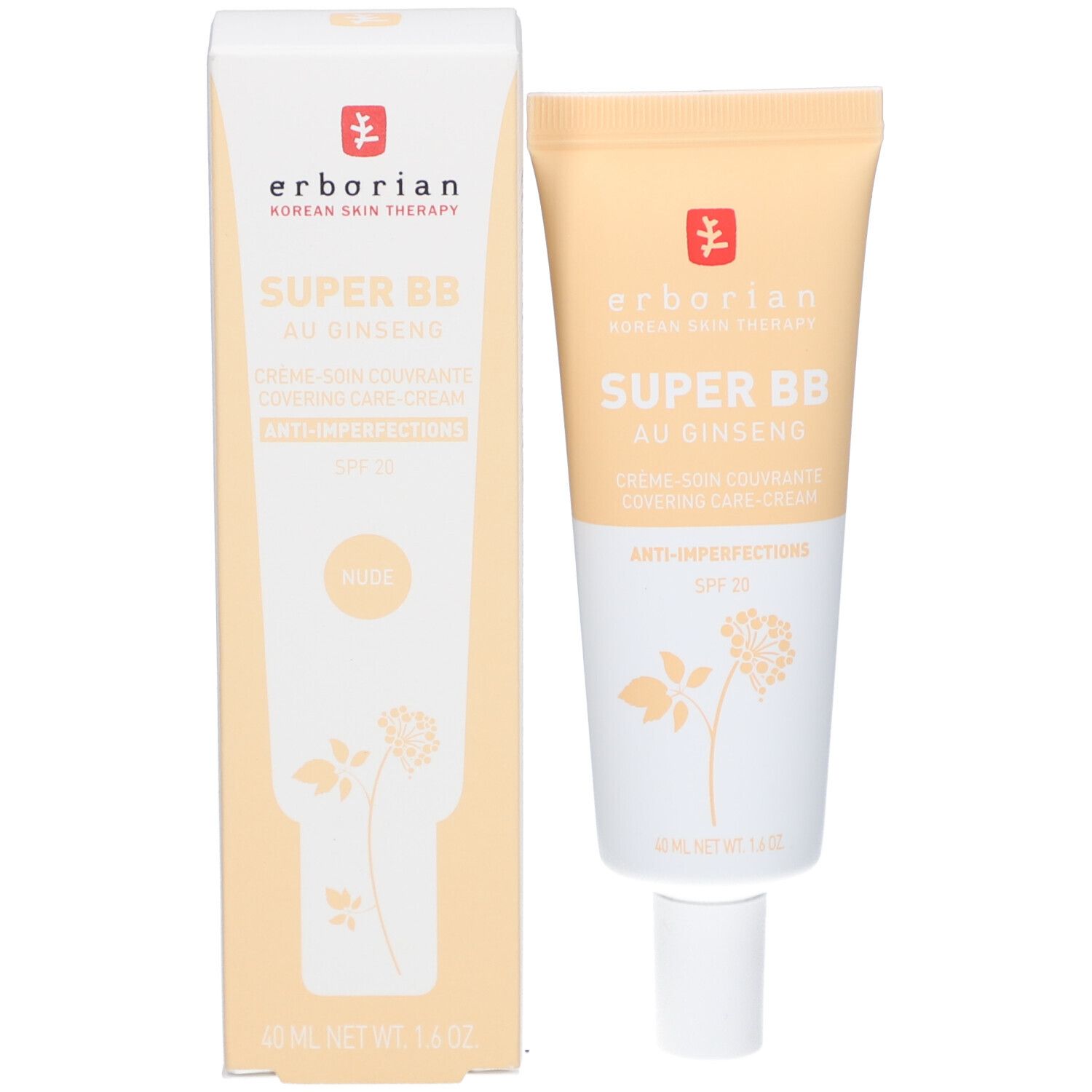 Produktverpackung mit Creme-Tube und Karton. Aufschrift SUPER BB au Ginseng. Marke: Erborian.