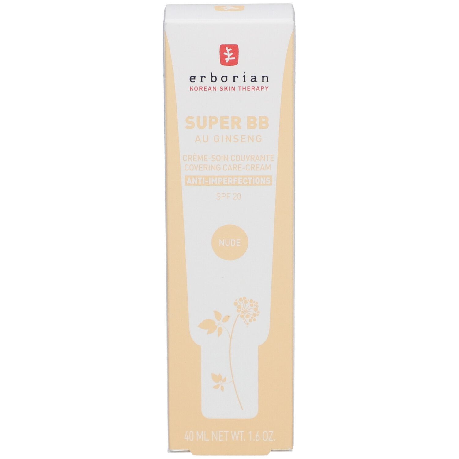 Kartonverpackung mit Aufschrift SUPER BB au Ginseng. Marke: Erborian. Farbe: Nude.