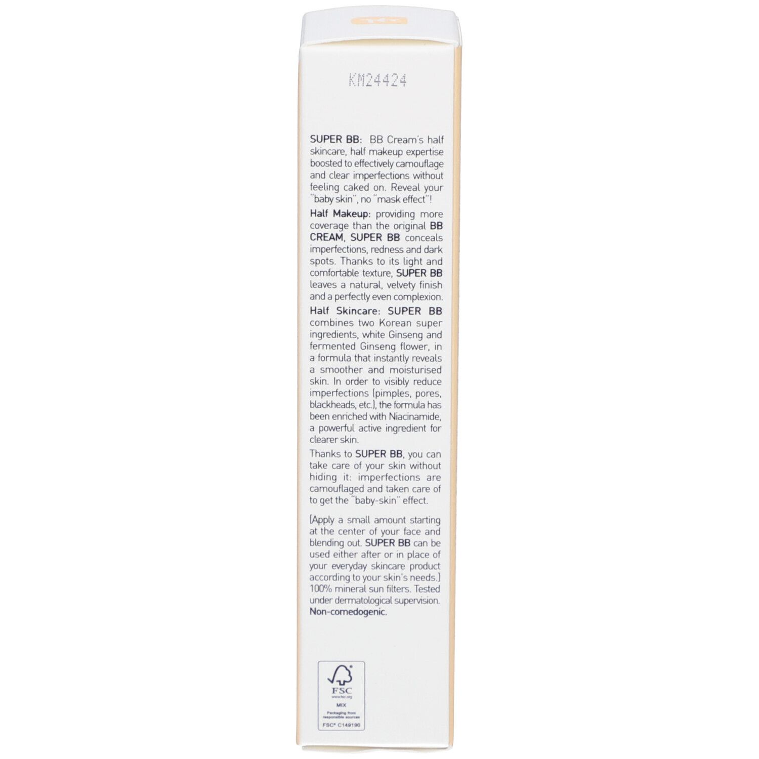 Seite der Kartonverpackung. Text in englischer Sprache. Informationen zum Produkt.