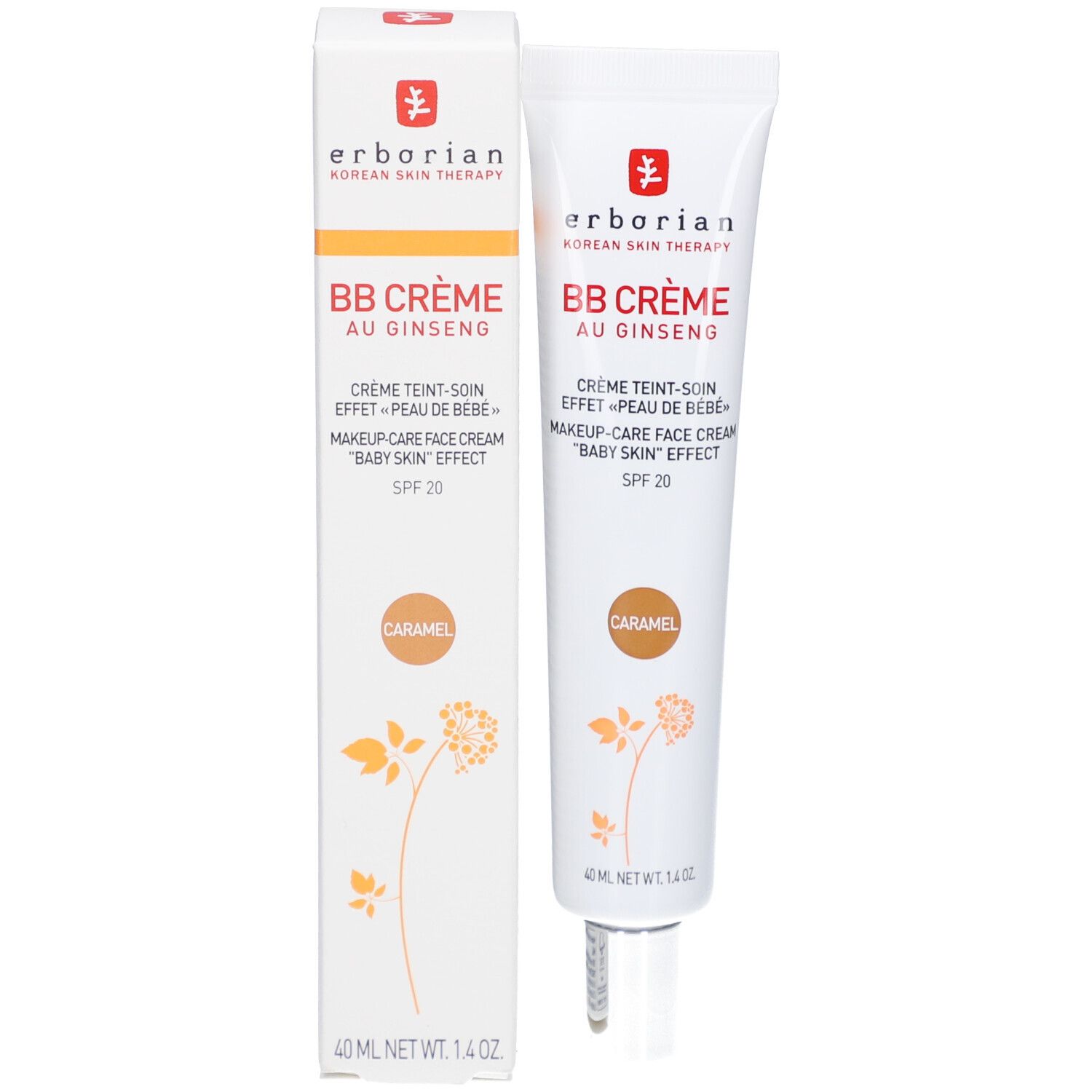 Tube et emballage BB Crème Caramel. Marque : Erborian. Texte : BB Crème au Ginseng, SPF 20. Marque de couleur marron. 40 ml.
