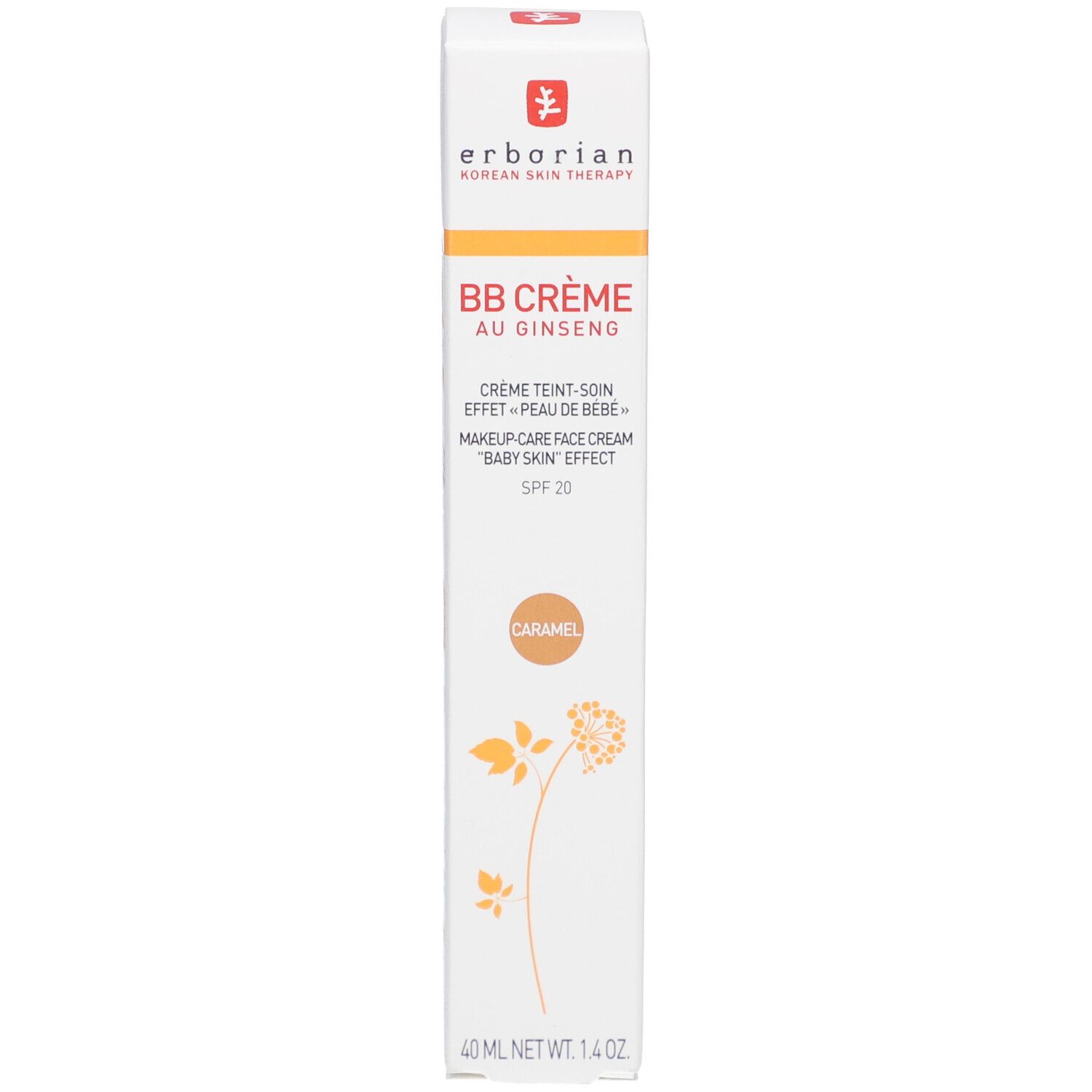 Emballage BB Crème Caramel. Marque : Erborian. Texte : BB Crème au Ginseng, SPF 20. Marque de couleur marron. 40 ml.