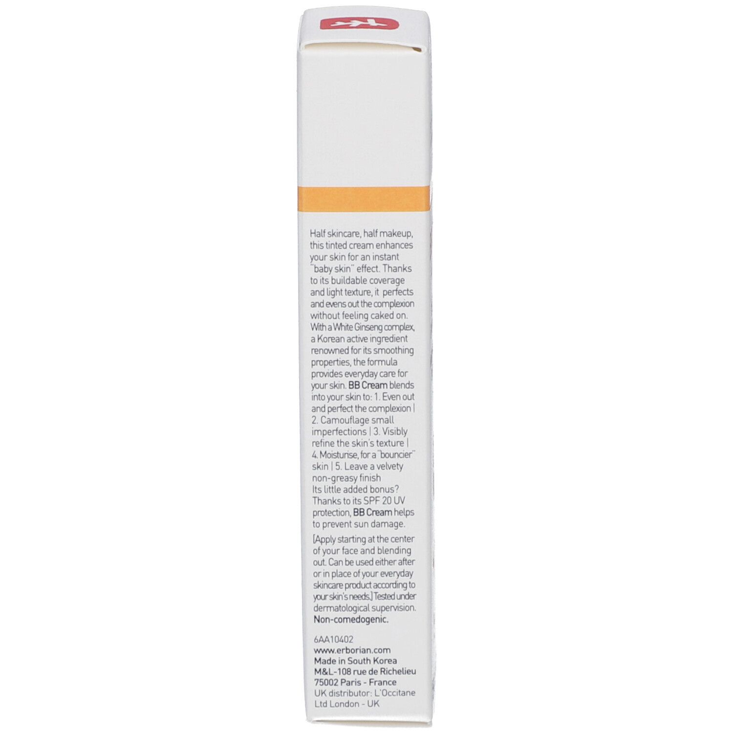 Côté de l'emballage du produit. Texte multilingue. Contient des informations sur l'utilisation.