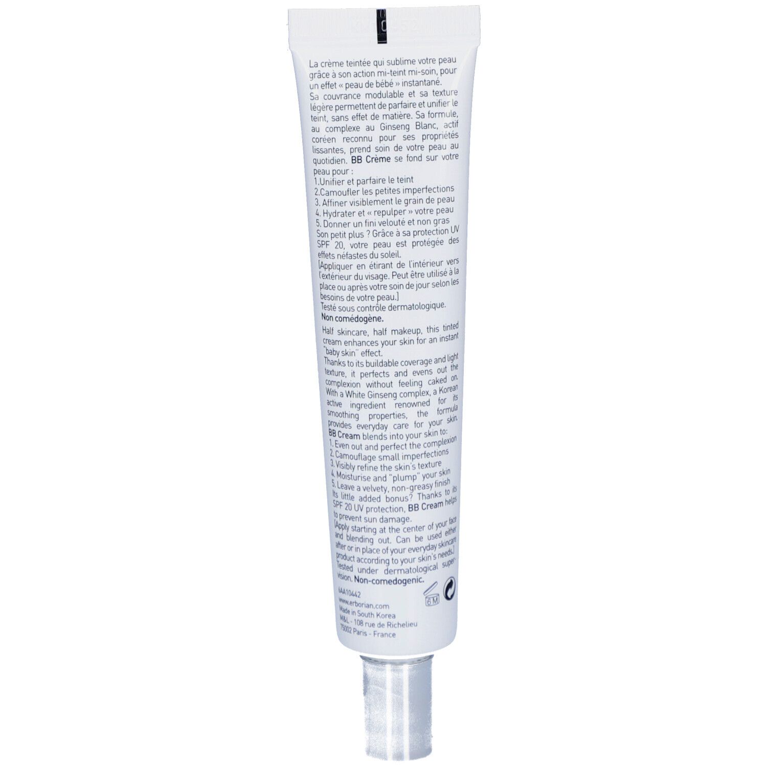 Rückseite einer weißen Tube. Text in mehreren Sprachen. Enthält Informationen zum Produkt und Inhaltsstoffen.