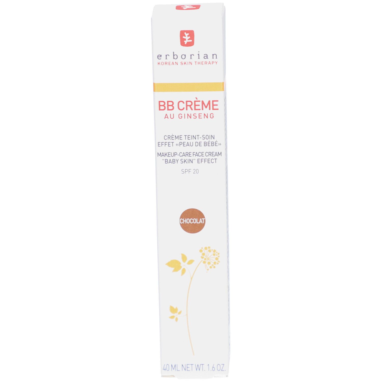 Verpackung von BB Crème Chocolat von Erborian. Text und Logo in Rot und Braun. Blumenmuster und Produktnamen.